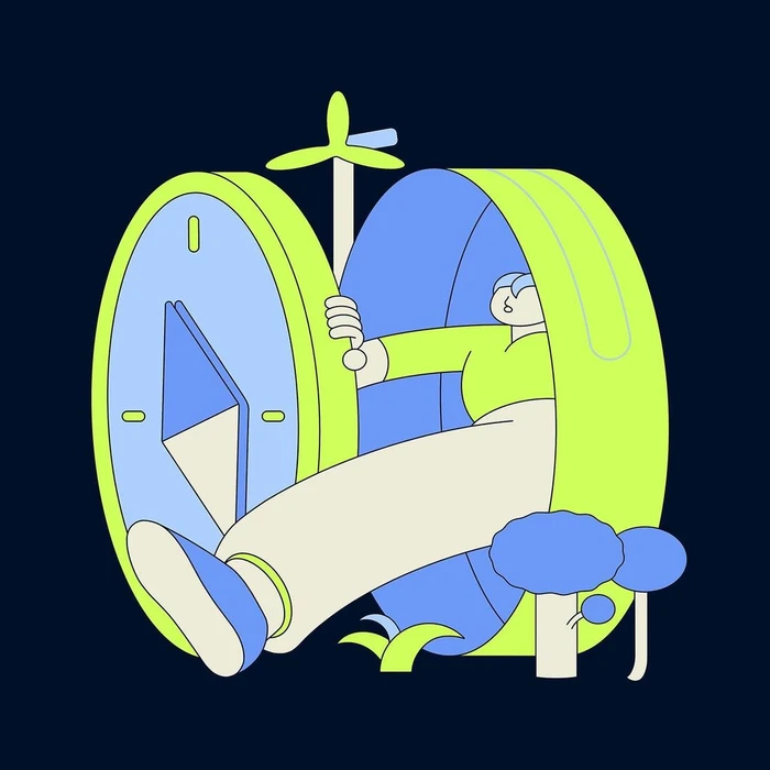 Vector illustration of a figure emerging from an open circular vault door with a compass dial and wind turbine against a dark background.