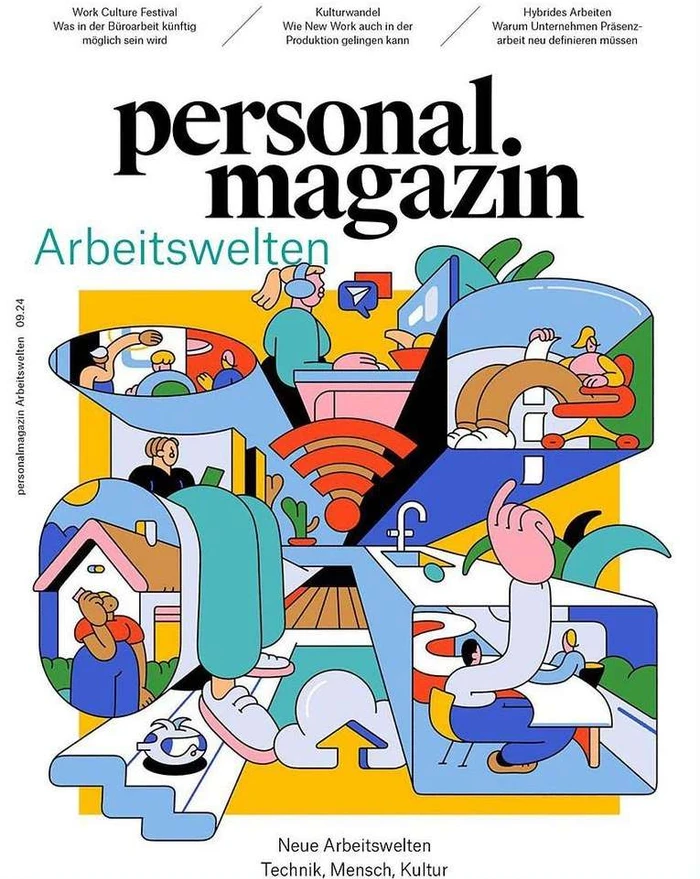 Magazine cover illustration featuring interconnected office and home workspaces with people working digitally by Leandro Alzate