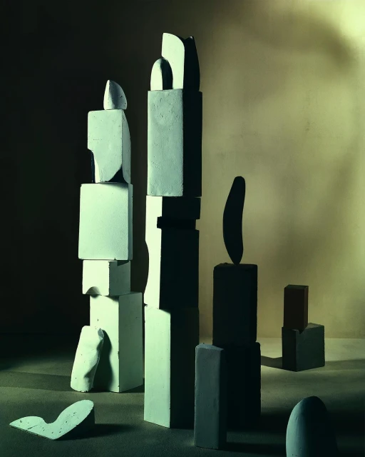 Abstract sculpture composition in studio setting featuring stacked geometric blocks in shades of white, grey, brown, and dark shadows.