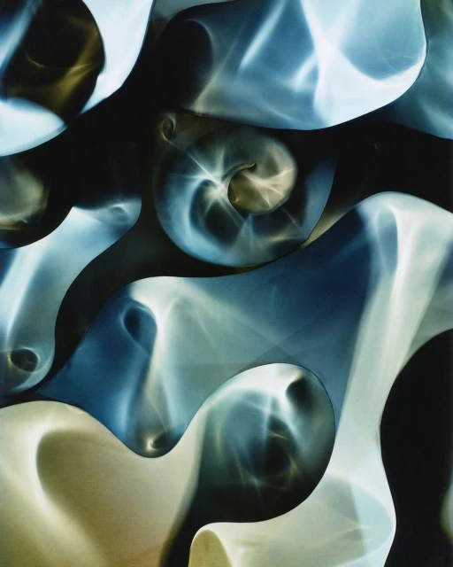 Abstract swirling shapes in a blend of light blue, gold, and dark tones, creating a mesmerizing and artistic pattern.