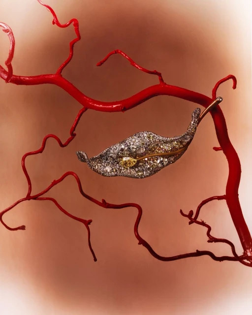 Leaf-shaped jewelry brooch encrusted with diamonds and yellow gems, attached to a bright red branch on a peach-colored gradient background.