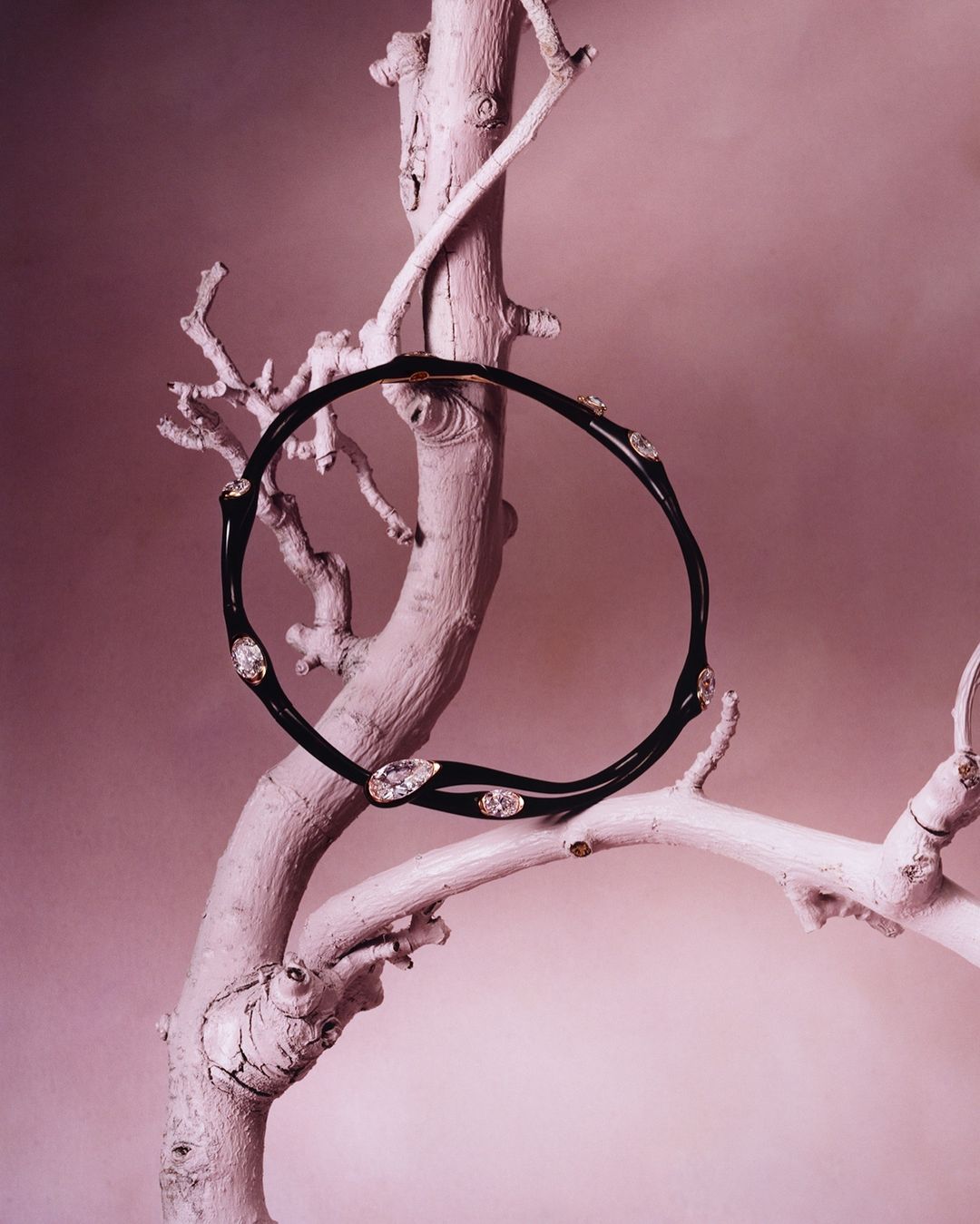 Black and diamond necklace on a textured white branch against a pink backdrop in a studio product shot for a jewelry campaign.