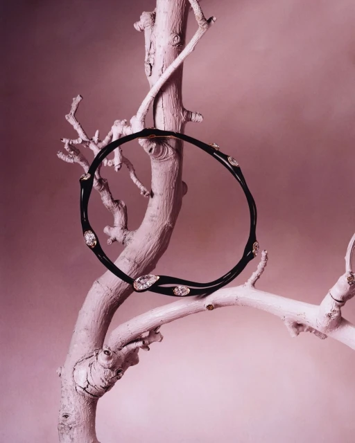 Black and diamond necklace on a textured white branch against a pink backdrop in a studio product shot for a jewelry campaign.