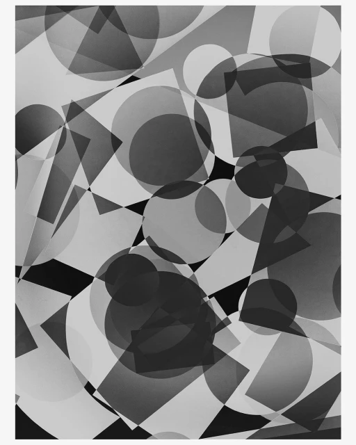 Abstract geometric design featuring overlapping circles, triangles, and quadrilaterals in shades of gray, white, and black.