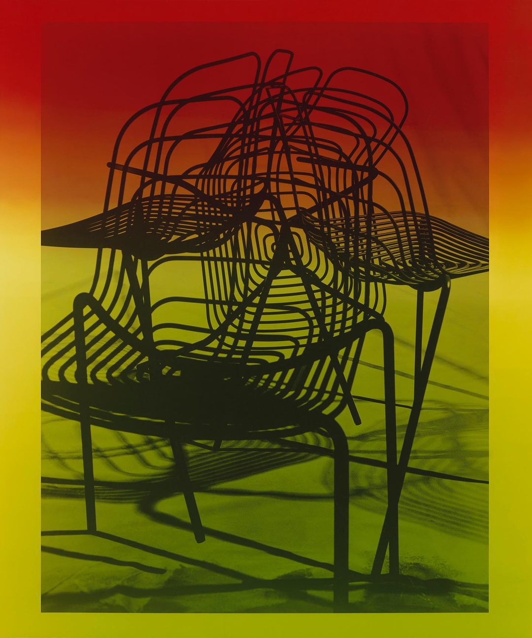 Stacked black wire chairs set against a vibrant yellow, orange, and red gradient background by Leandro Farina