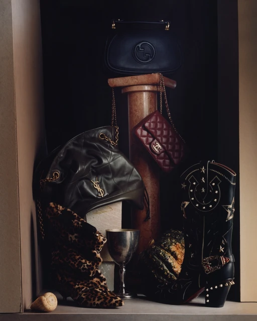 Still life with designer handbags from Gucci, Chanel, and Yves Saint Laurent, leopard print booties, and a cowboy boot on a dark backdrop.