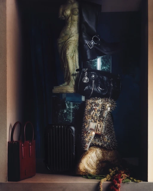 Still life photograph of stacked bags, a statue, suitcase, and floral elements in subdued lighting, conveying an artistic, curated composition.