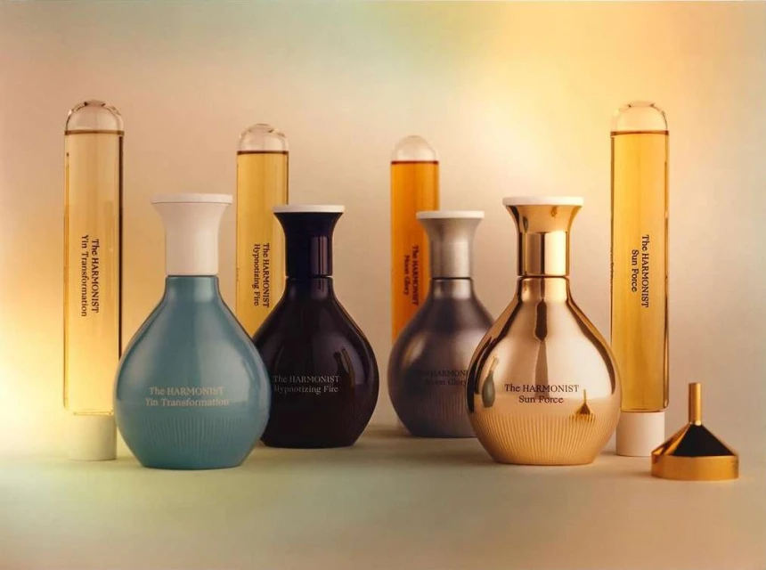 Several uniquely colored 'The Harmonist' perfume bottles and vials are arranged in a studio setting with soft, diffused lighting.