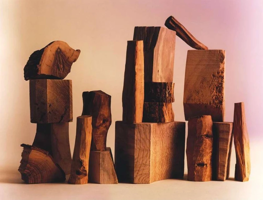Stacked wood blocks of varying sizes and shapes, creating an abstract sculpture, showcasing natural wood textures and warm color tones.