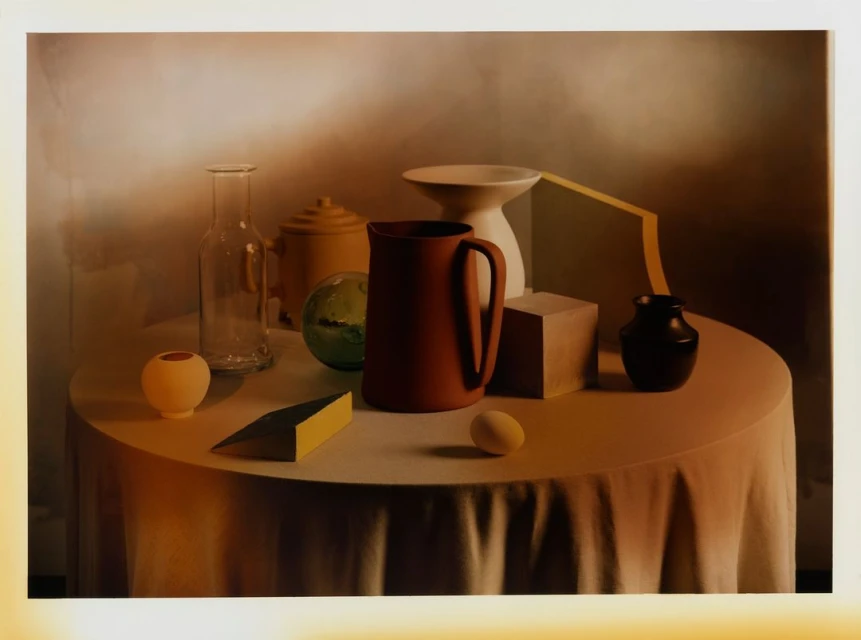 Still life composition featuring a red ceramic pitcher, glass bottles, geometric shapes, and a raw egg on a round draped table.