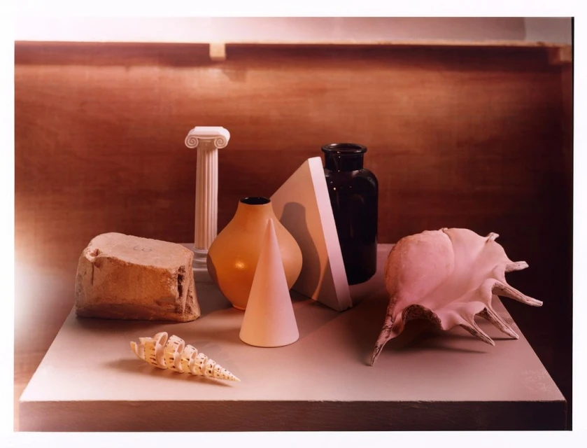 Still life arrangement featuring a conch shell, vase, and geometric shapes against a wooden backdrop with neutral and warm color tones.