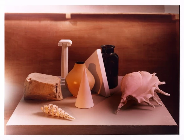Still life arrangement featuring a conch shell, vase, and geometric shapes against a wooden backdrop with neutral and warm color tones.