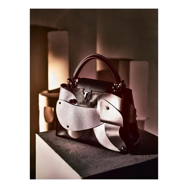 Elegant black Louis Vuitton handbag featuring a unique, stylized elephant design, presented on a neutral-toned geometric surface with subtle lighting.