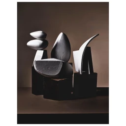 Studio still life of abstract white sculptural forms resting on dark geometric blocks against a neutral background.