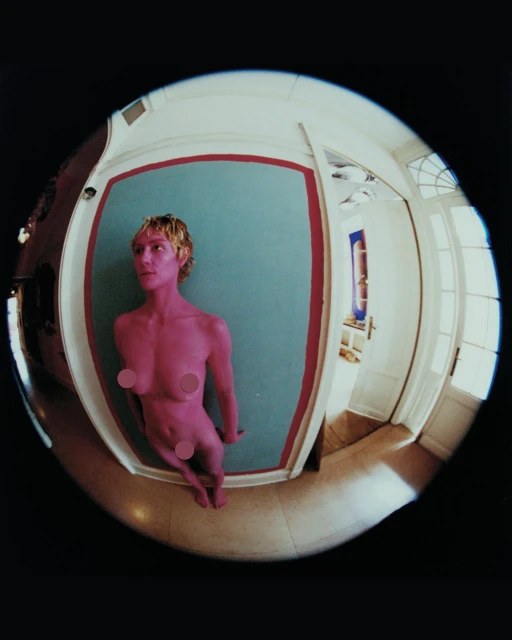 Full body shot of an adult female figure with blonde hair in an interior space, depicted through a distorted fisheye lens, yielding a unique perspective.