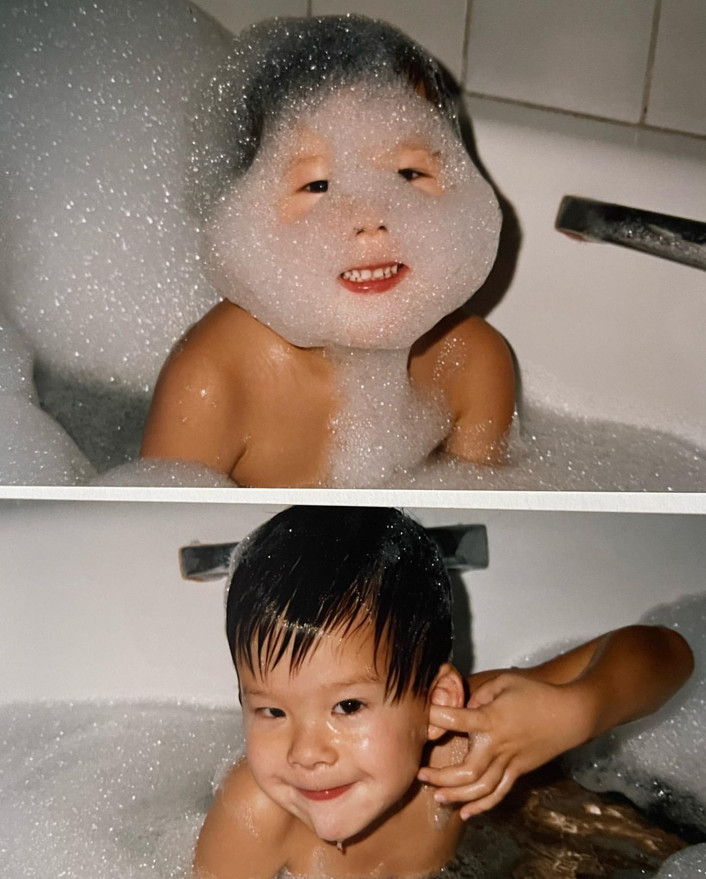 Two photos of a young child enjoying bath time with lots of soap bubbles covering the face and filling the white bathtub.