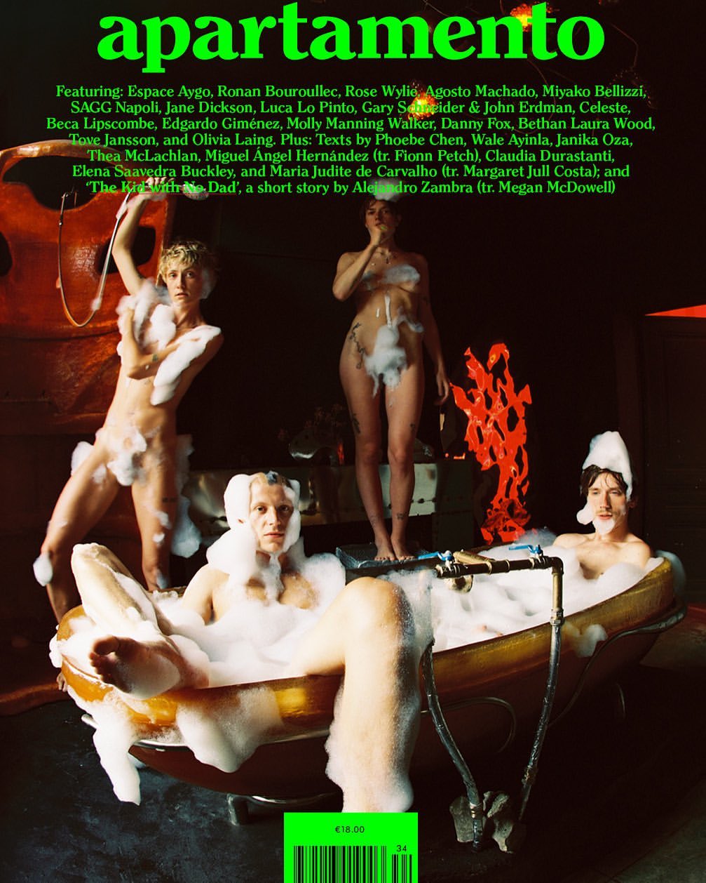 Magazine cover featuring four women in a bathtub filled with soap bubbles. Cover text includes names of artists, writers, and a short story.
