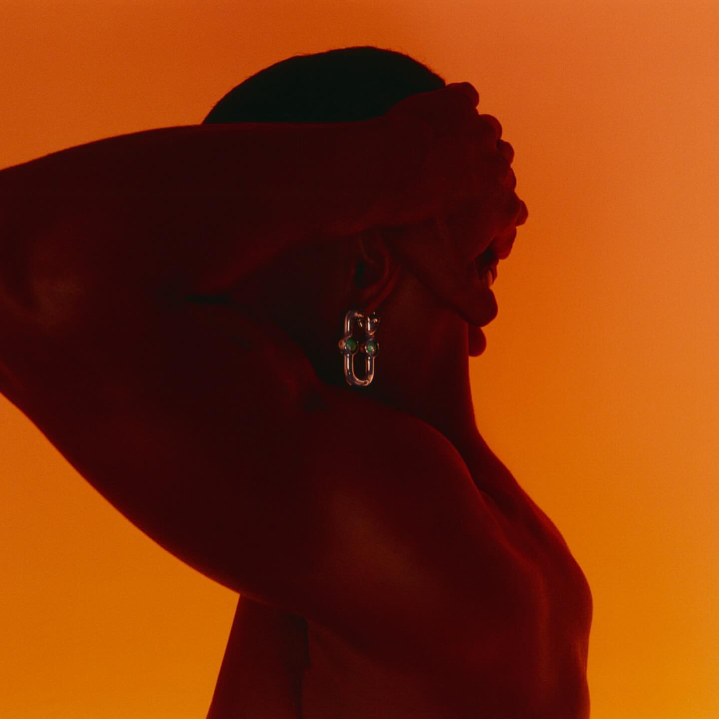 Stylish studio portrait of a silhouetted adult woman with silver and green earrings against an orange background, hands covering her face.