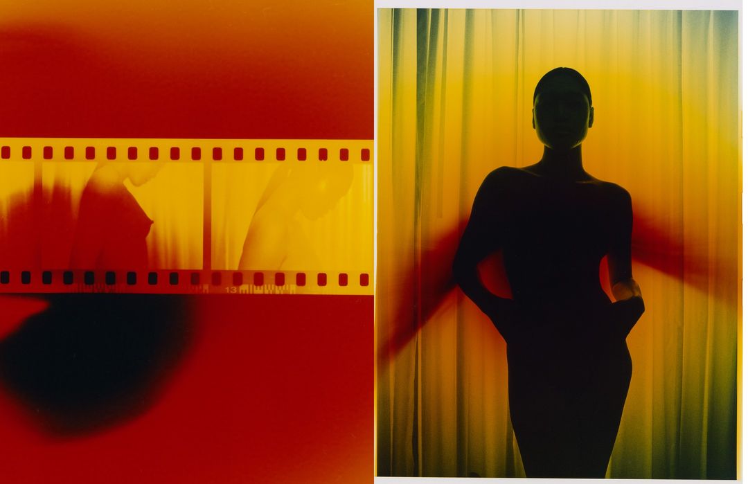 Abstract diptych featuring a film strip over an out-of-focus floral image and a silhouette of a person against a curtain backdrop.