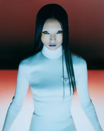 East Asian woman in a white turtleneck top with long dark hair against a gradient background.