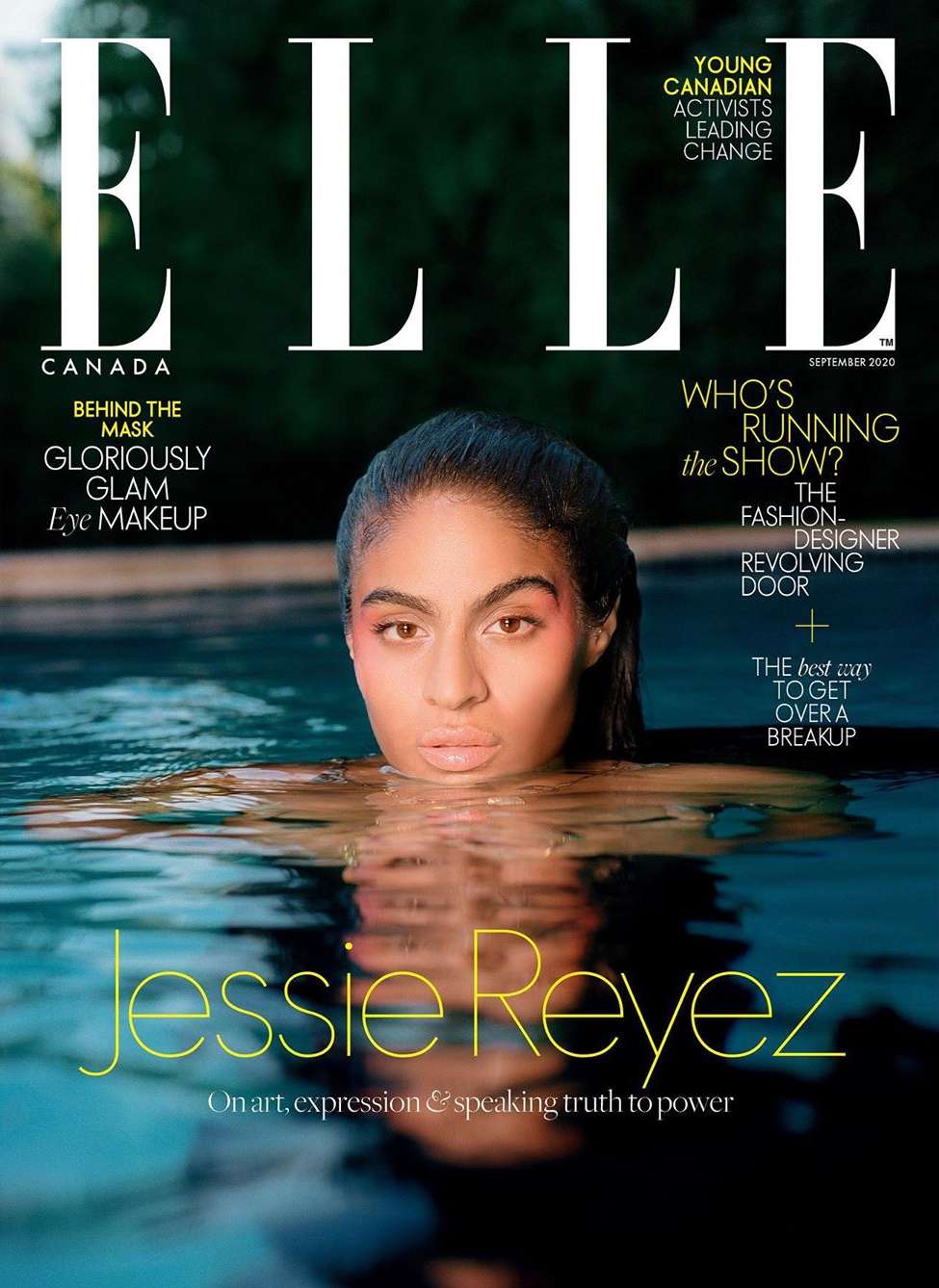 Elle Canada magazine cover featuring Jessie Reyez in a pool. Close-up shot, natural light, and watery reflections enhance the portrait.