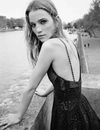 Monochrome portrait of a woman in a dark lace dress leaning on a stone wall overlooking a Parisian riverbank.