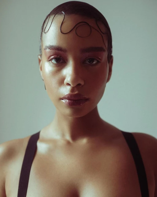 Close-up studio portrait of a woman with glossy makeup and slicked-back hair, wearing black straps, against a neutral background.