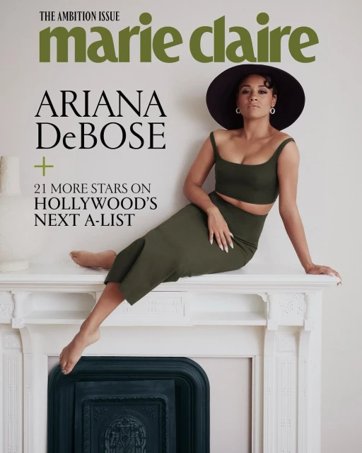 Magazine cover featuring Ariana DeBose wearing a two-piece olive outfit and black hat, posing on a white fireplace mantle.