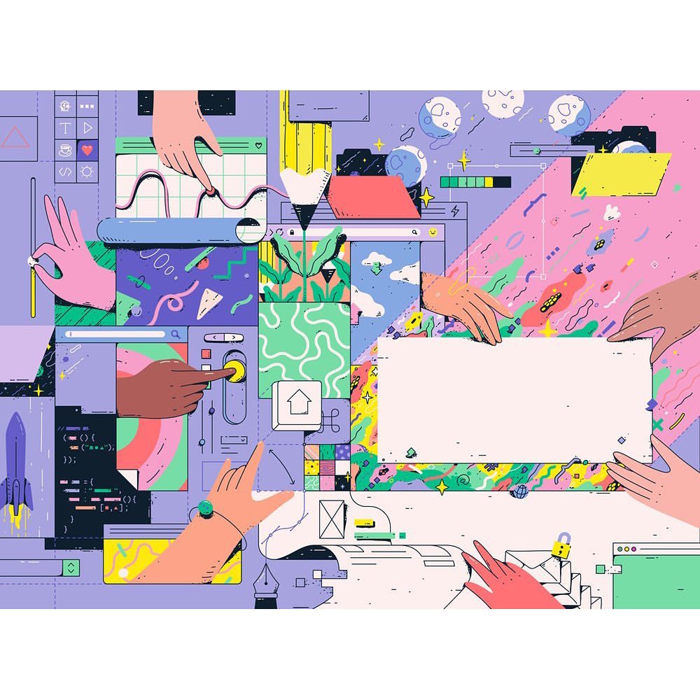 Illustration of various hands interacting with digital interfaces, including a drawing tablet, web browser, and design tools on a purple backdrop.
