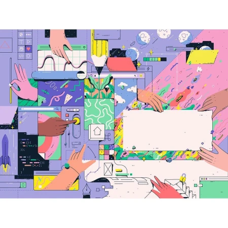 Illustration of various hands interacting with digital interfaces, including a drawing tablet, web browser, and design tools on a purple backdrop.