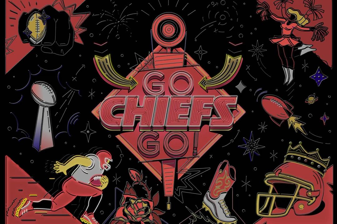 Digital art of football theme with animated football player, cheerleader, helmet, Super Bowl trophy, text 'Go Chiefs Go', and stars on black.