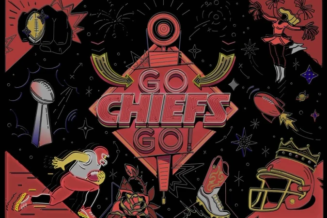 Digital art of football theme with animated football player, cheerleader, helmet, Super Bowl trophy, text 'Go Chiefs Go', and stars on black.