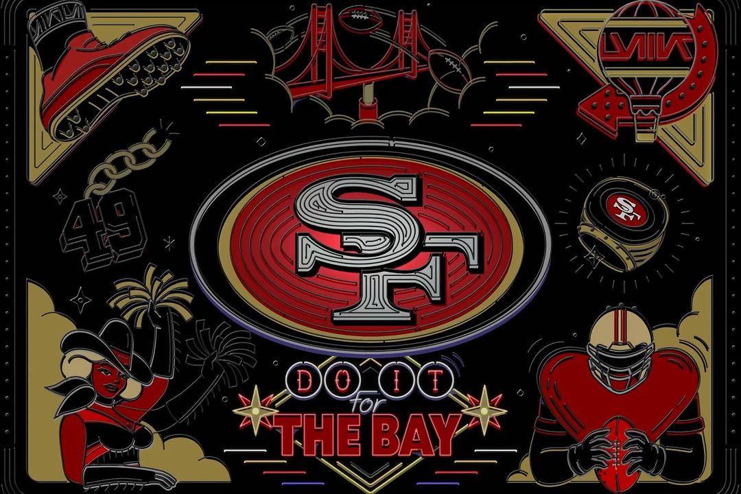 Illustration with San Francisco 49ers football imagery including a logo, player, Golden Gate Bridge, cleat, and cheerleader.