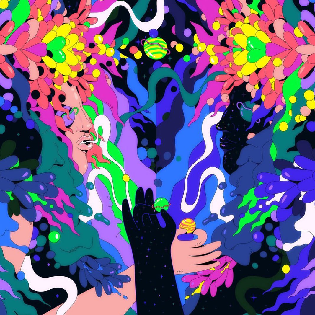 Colorful illustrative art featuring two stylized human profiles adorned with floral elements and planetary motifs against a psychedelic backdrop.