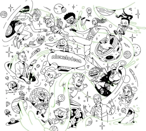 Illustration of various Nickelodeon cartoon characters including Spongebob, Tommy Pickles, and others floating in space with planets and stars.