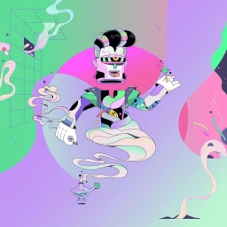 Surreal digital illustration by Lena Tokens of a floating cybernetic character emerging from a flask with swirling smoke and geometric shapes.