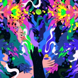 Vibrant psychedelic illustration by Lena Tokens featuring two profile faces framed by bright floral elements and cosmic motifs.