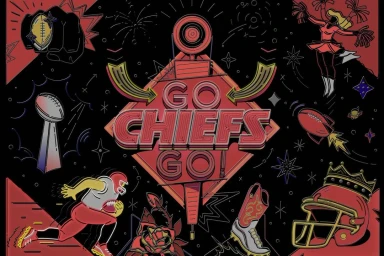Digital illustration featuring bold red typography reading GO CHIEFS GO over a black background with football icons and stars