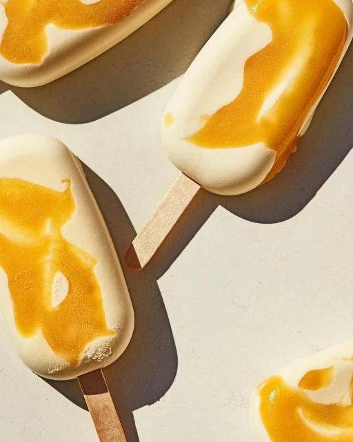 Several ice cream bars with white coating and orange swirl on a light-colored surface, casting shadows, with wooden sticks visible.