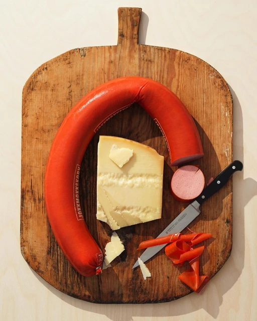 Overhead shot of sausage, cheese, and a knife on a wooden cutting board. Food photography for food and beverage industry concept.