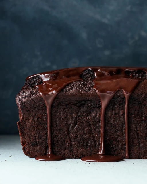 Chocolate cake with chocolate frosting dripping down the sides on a white surface against a dark blue background in a food photography shot.