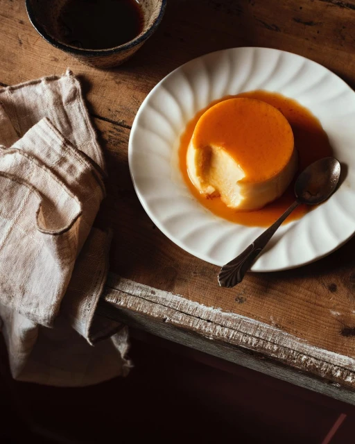 A caramel flan dessert on a white plate with a spoon, next to a linen cloth and small bowl on a rustic wooden table in warm light.