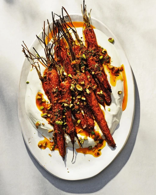 Overhead shot of roasted carrots topped with herbs and pistachios, served on a white plate with a white cream sauce and orange-brown glaze.
