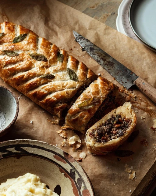 Overhead shot of a sliced mushroom Wellington with decorative sage leaves on parchment paper, plates, and a knife.