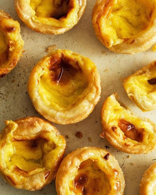 Close-up of a tray of golden-brown Portuguese custard tarts with flaky pastry and a caramelized custard filling.