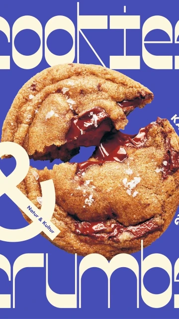 Close-up studio shot of a chocolate chip cookie, part broken, with salt flakes on a blue background with Cookies & Crumbs text.