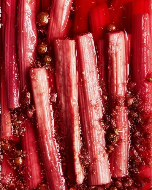 Close-up of several stalks of rhubarb poached in a vibrant red liquid, adorned with small, round golden-brown aromatics. Food photography.