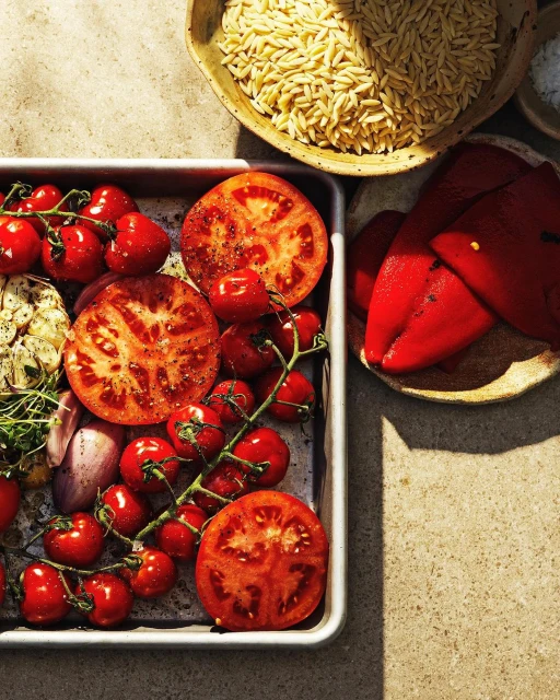 Overhead shot of a tray filled with roasted tomatoes on the vine, sliced tomatoes, garlic, and herbs, alongside a bowl of orzo pasta.