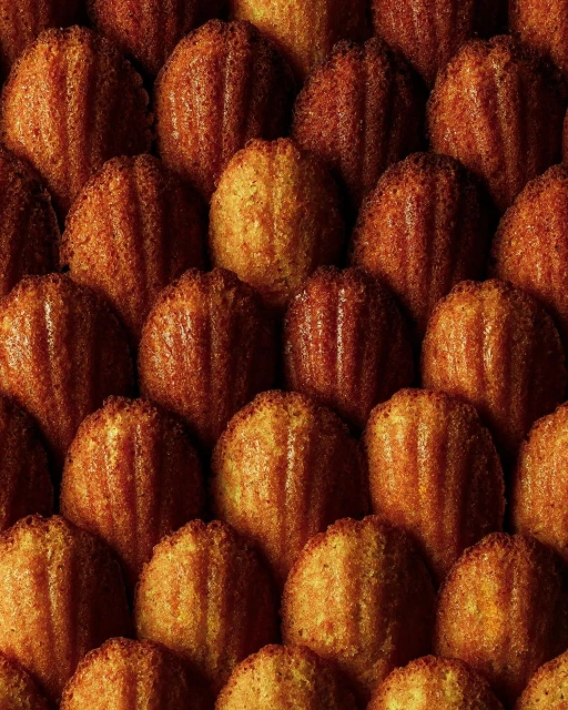 Overhead close-up of evenly spaced golden brown madeleine cakes forming an abstract culinary pattern, showcasing their shell-like textures.