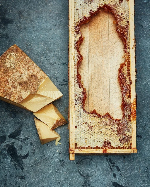 High-angle shot showcases a wooden honey frame next to a wedge of cheese on a textured dark gray surface, highlighting the contrast.